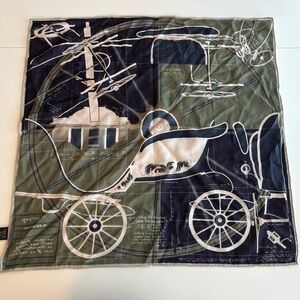 Navy and Olive Green Carriage Print Silk and Wool Scarf
